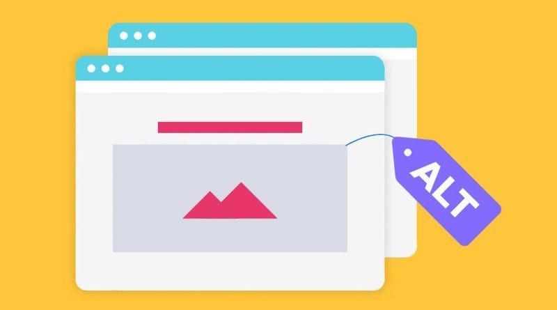 Ilustración de una ventana de navegador con un marcador de posición para imágenes etiquetadas con una etiqueta 'alt', indicando el concepto de texto alternativo para la
