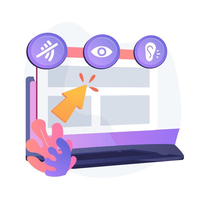 Una ilustración estilizada de un monitor de computadora que muestra una interfaz de sitio web con íconos que representan funciones de accesibilidad de visión, audición y habla. ¿Debería utilizar una herramienta de accesibilidad web?