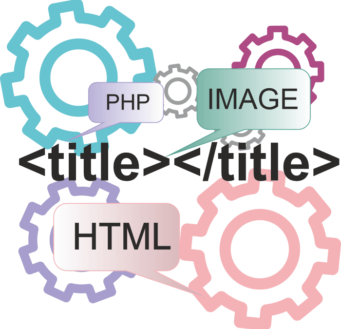 Ilustración gráfica de conceptos de desarrollo web, con engranajes etiquetados con "php", "html" y ¿Utilizamos el atributo de "título"?